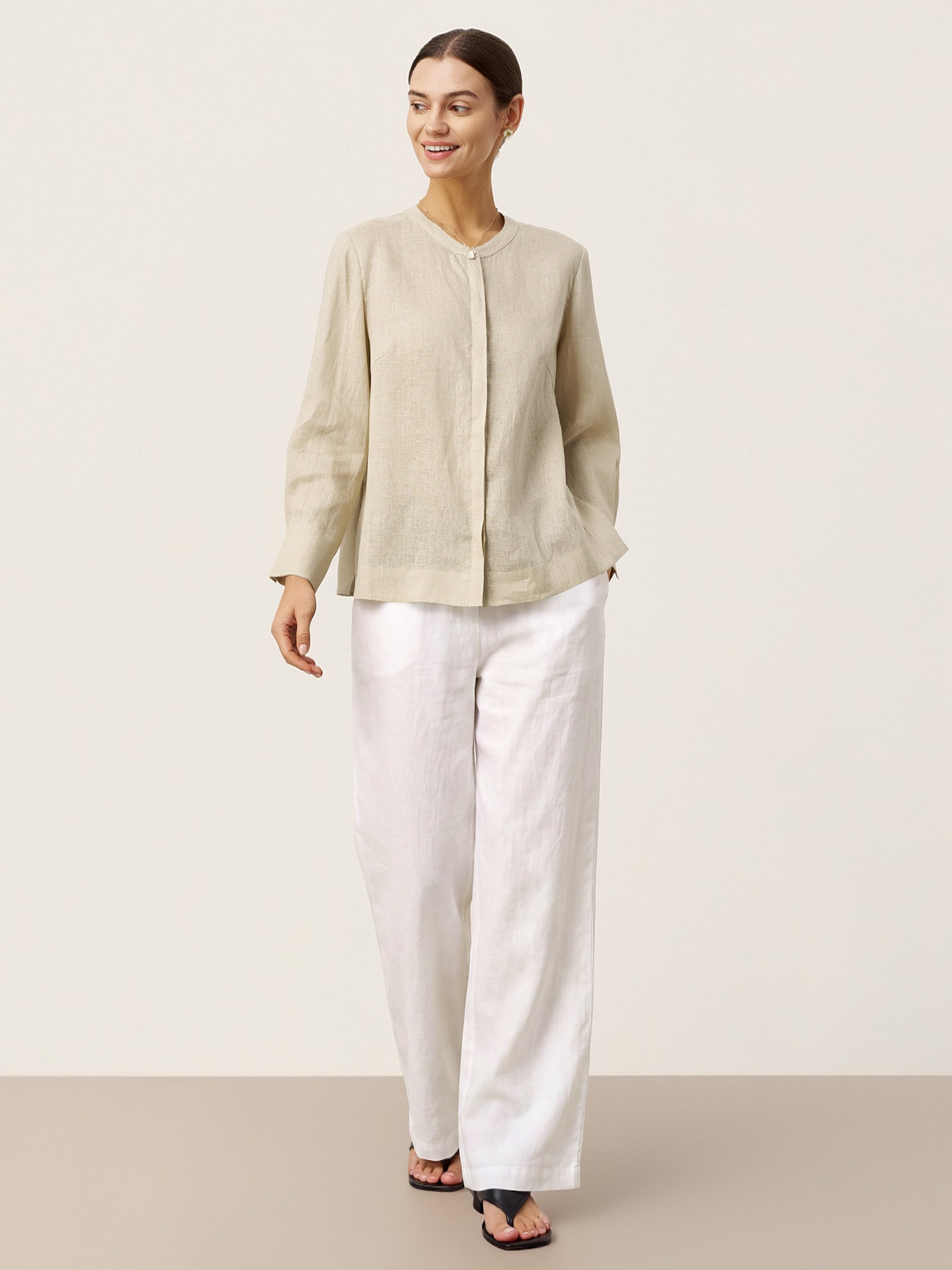 100% Linen Hidden Button Crew Neck Shirt INES