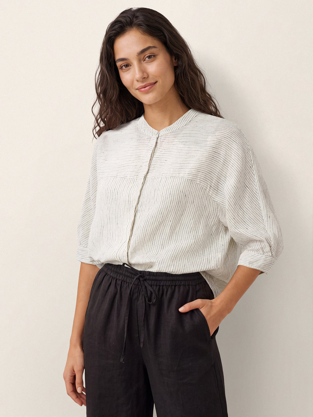100% Linen Striped Three-Quarter Sleeve Shirt SKYLAR