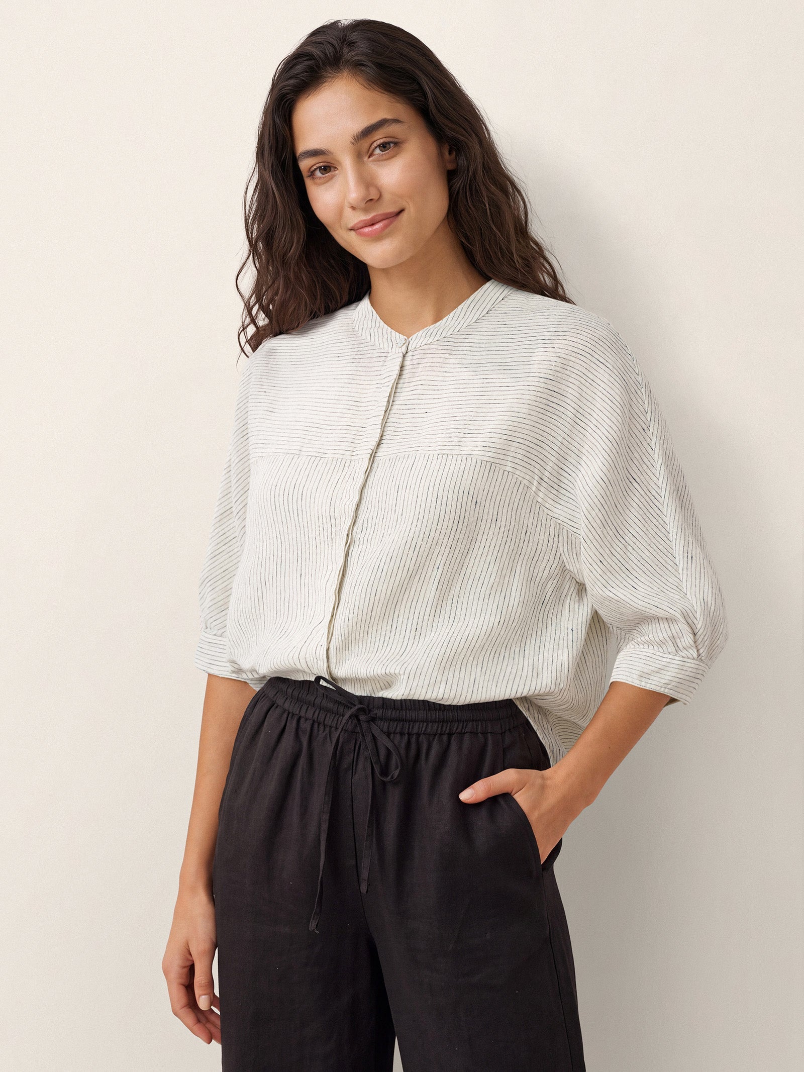 100% Linen Striped Three-Quarter Sleeve Shirt SKYLAR
