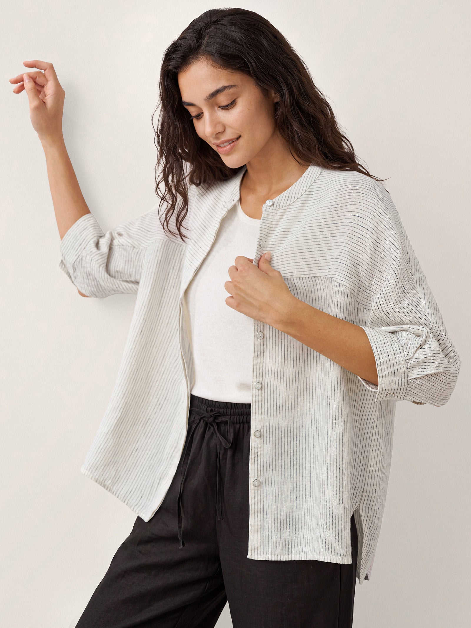 100% Linen Striped Three-Quarter Sleeve Shirt SKYLAR