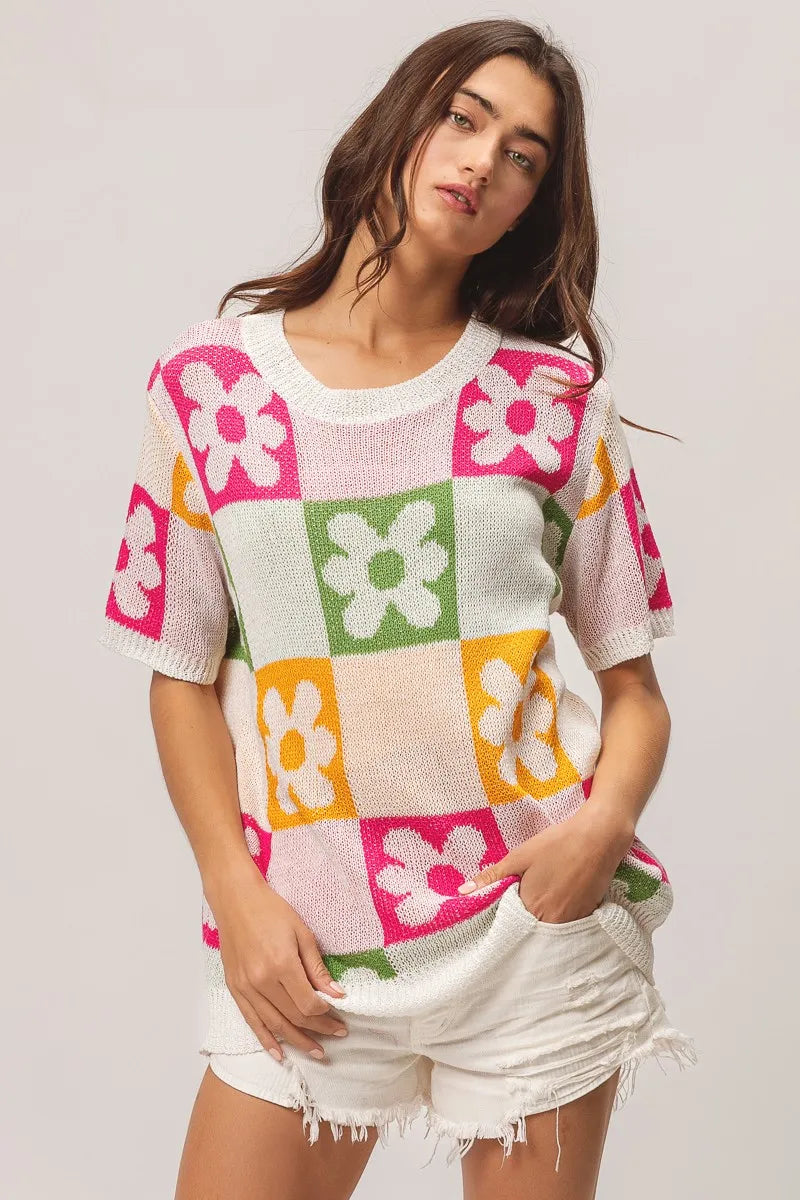 Flower Checker Pattern Lightweight Sweater Top