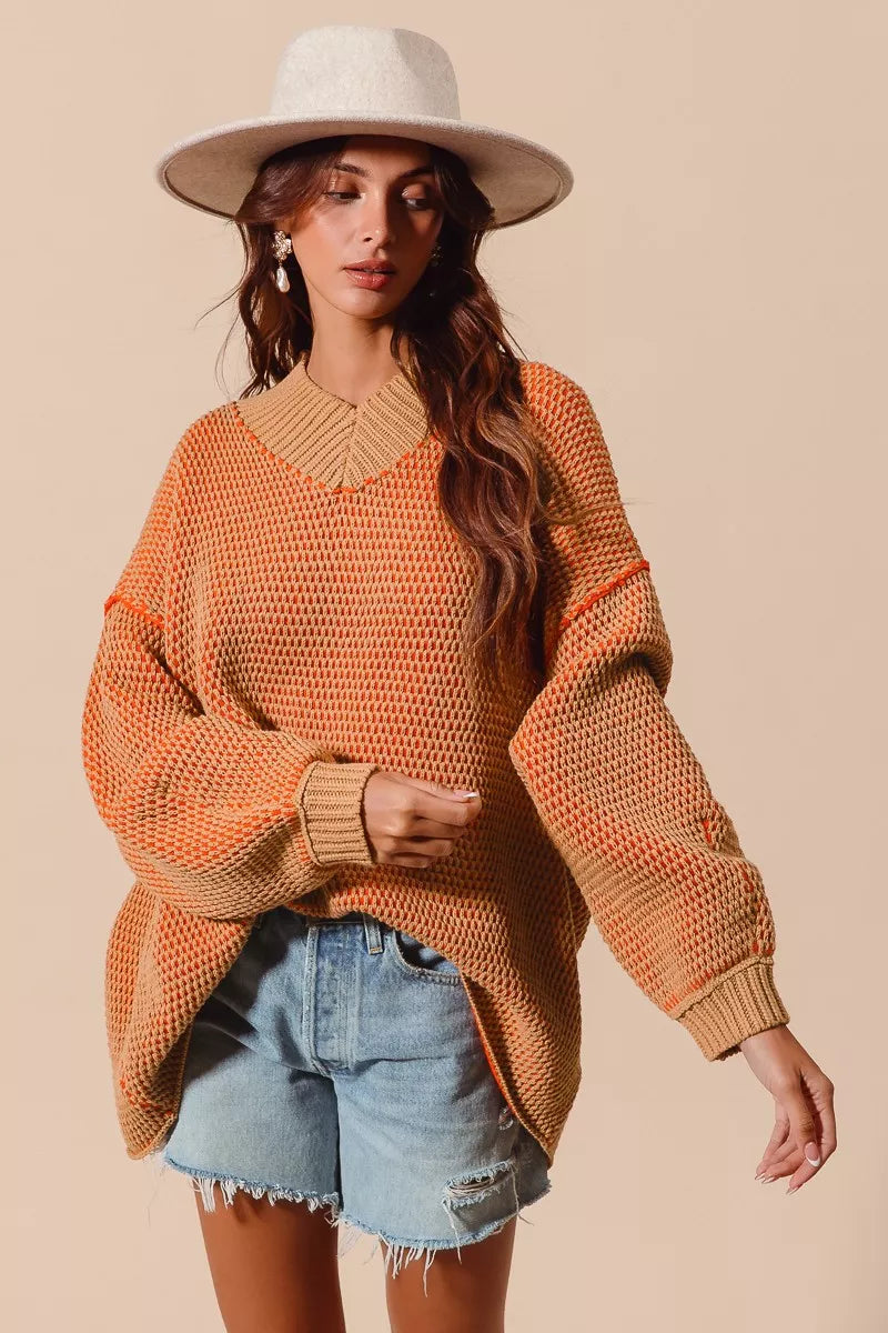 Oversized Two Tone Textured V Neck Sweater
