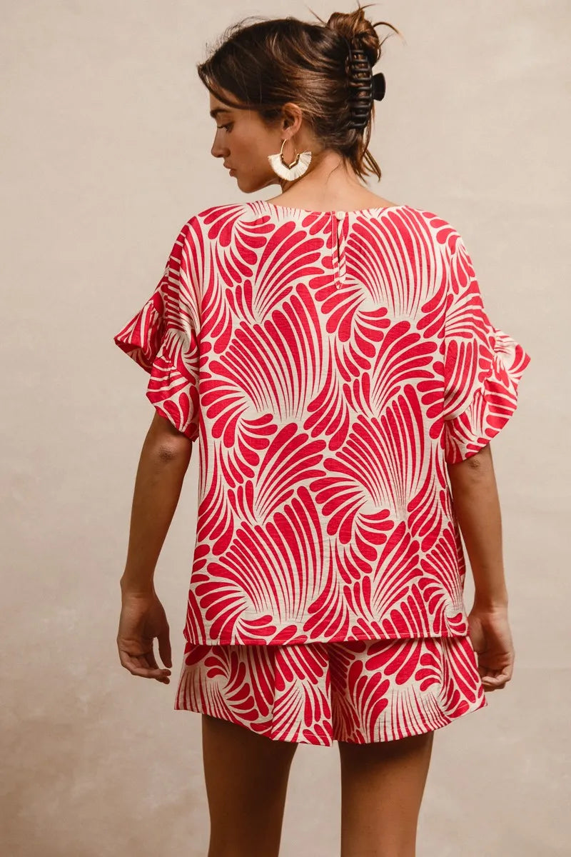 Print Woven Ruffled Sleeves Top