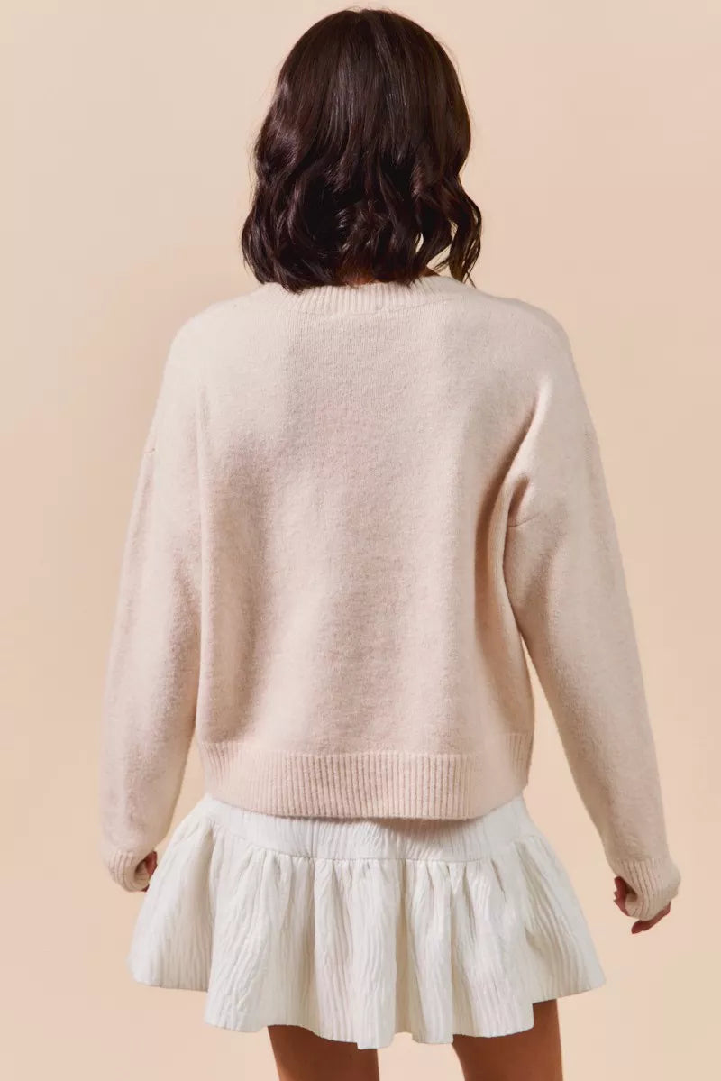 Embroidered Ribbon Round Neck Sweater
