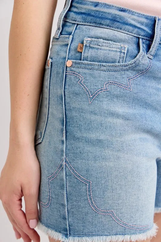 Full Size High Waist Western Embroidery Detail Cut Off Denim Shorts Plus Size