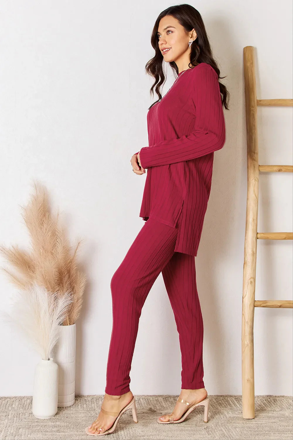 I am a Fashion Junky Full Size Ribbed Round Neck High-Low Slit Top and Pants Set