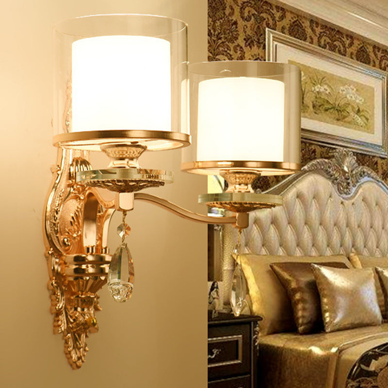 DecorBites™ Modern Dual Cylinder 2-Light Gold Wall Sconce with Clear and Frosted Glass