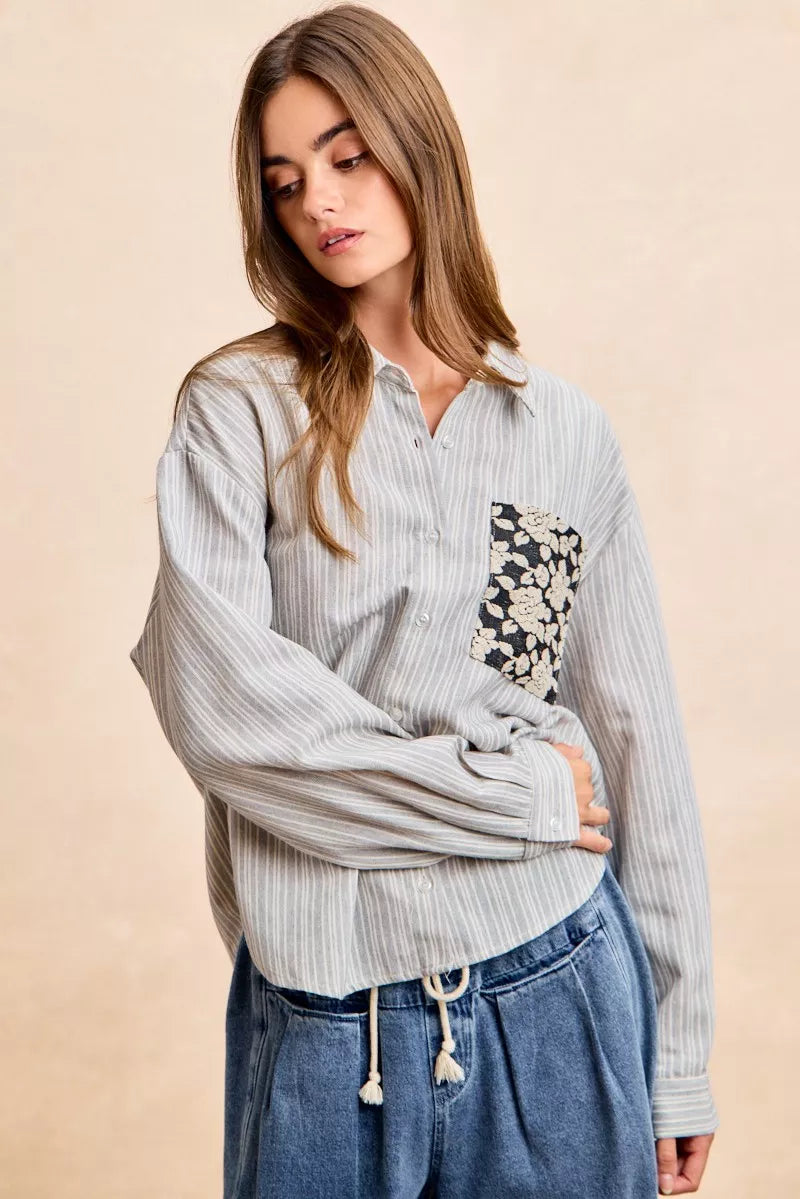 Flower Jacquard Knit Patch Pocket Stripe Shirt