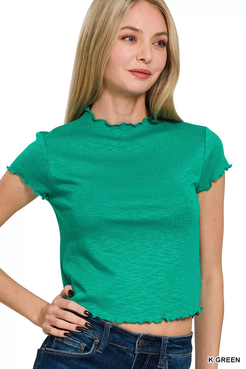 Cotton Modal Slub Lettuce Trimmed Cropped T-Shirt