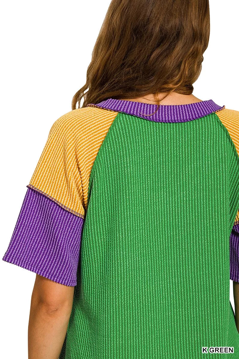 Mardi Gras Raised Rib Color Block Top