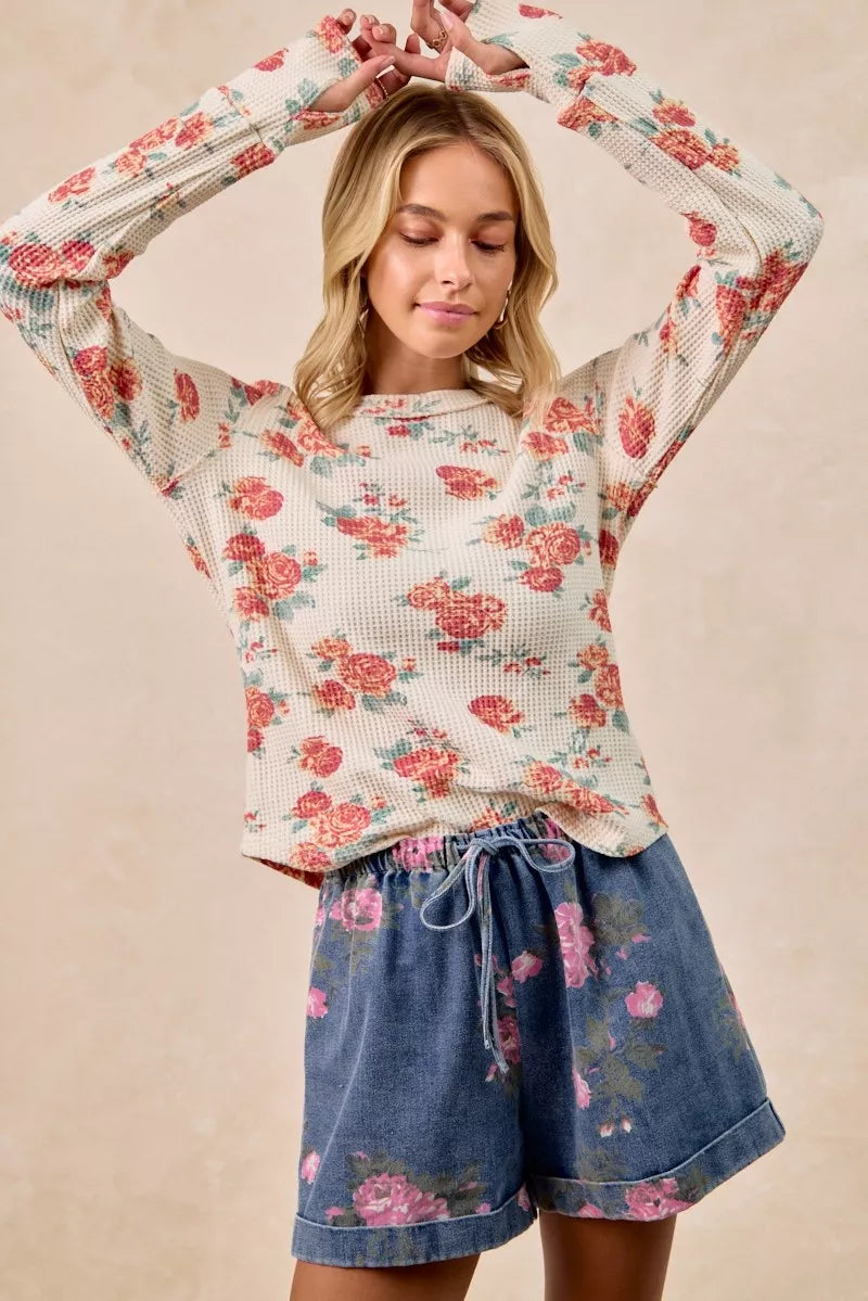 Floral Print Washed Waffle Thermal Top With Thumb