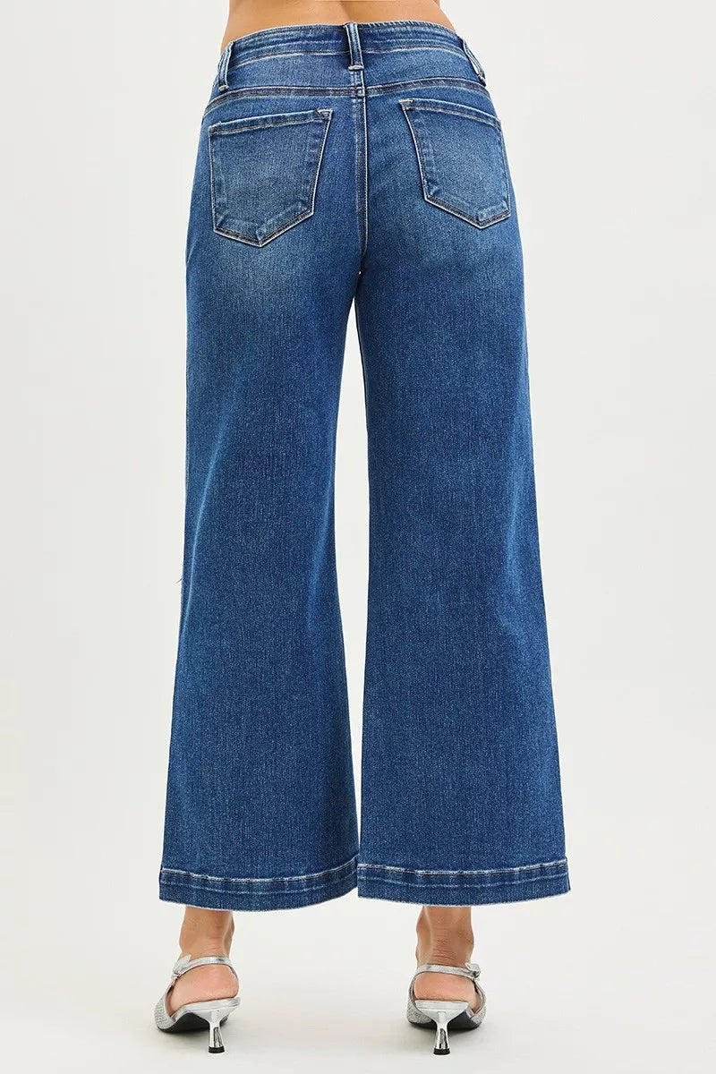 High Rise Wide Leg Jeans With Pocket Button Detail