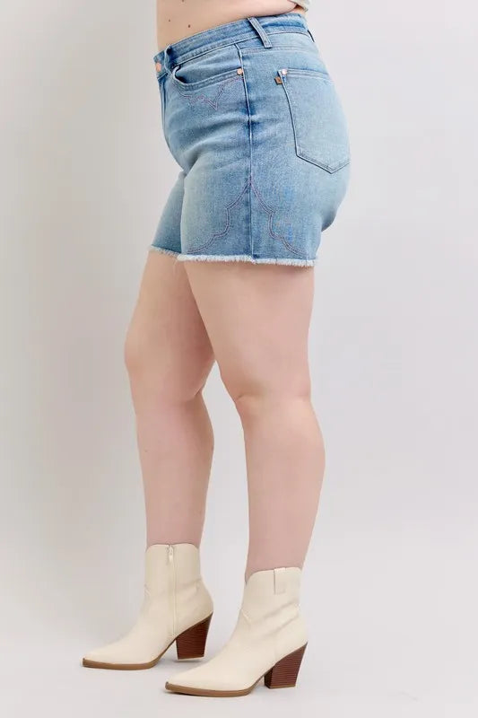 Full Size High Waist Western Embroidery Detail Cut Off Denim Shorts Plus Size