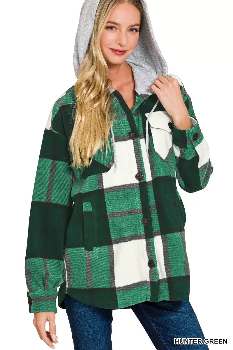 Plaid Drawstring Hooded Fleece Shacket