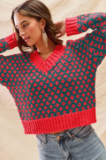 Color Block Textured Christmas Sweater V Neck Top