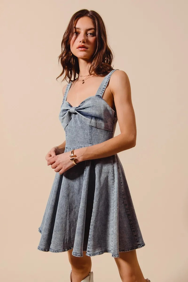 Mineral Washed Bow Ribbon Denim Flare Dress