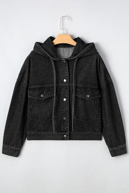 Denim Chest Pocket Drop Shoulder Hooded Jacket See size chart under “more details”