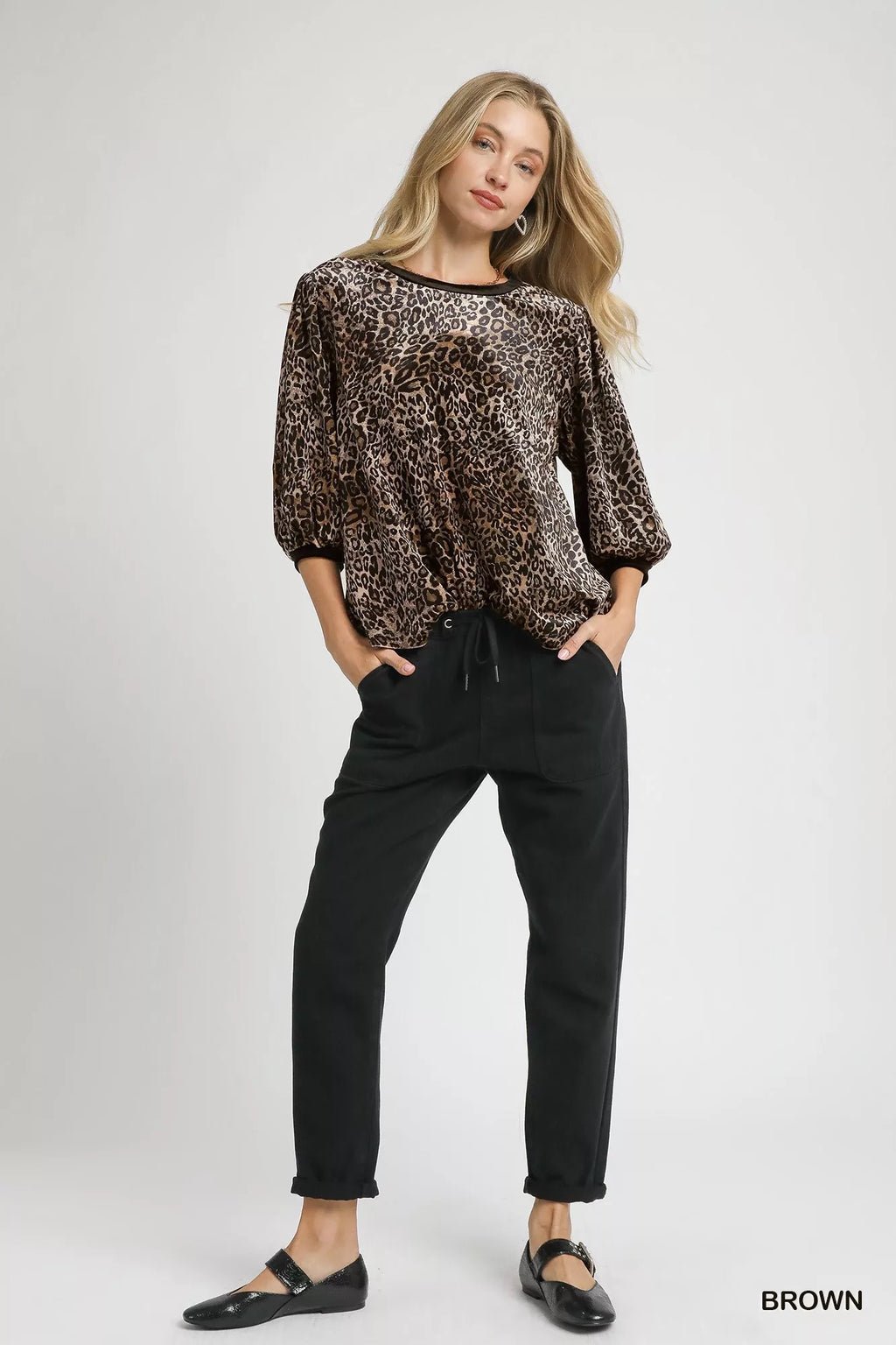 Leopard Round Neck Three-Quarter Sleeve Blouse