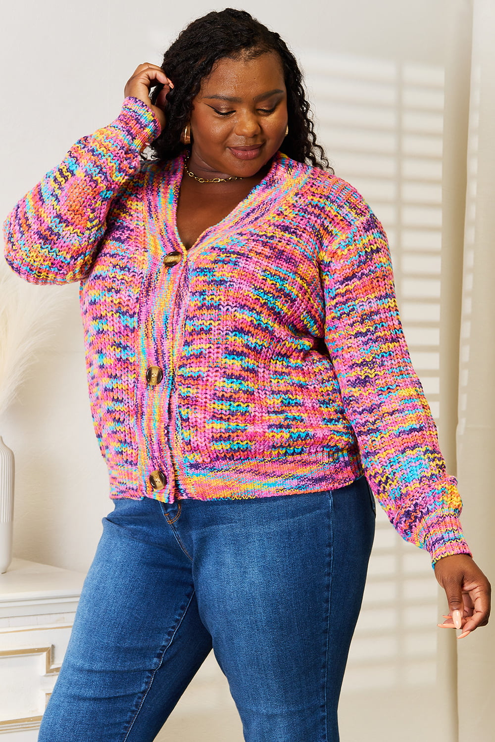 I am A Fashion Junky Woven Right V-Neck Long Sleeve Cardigan