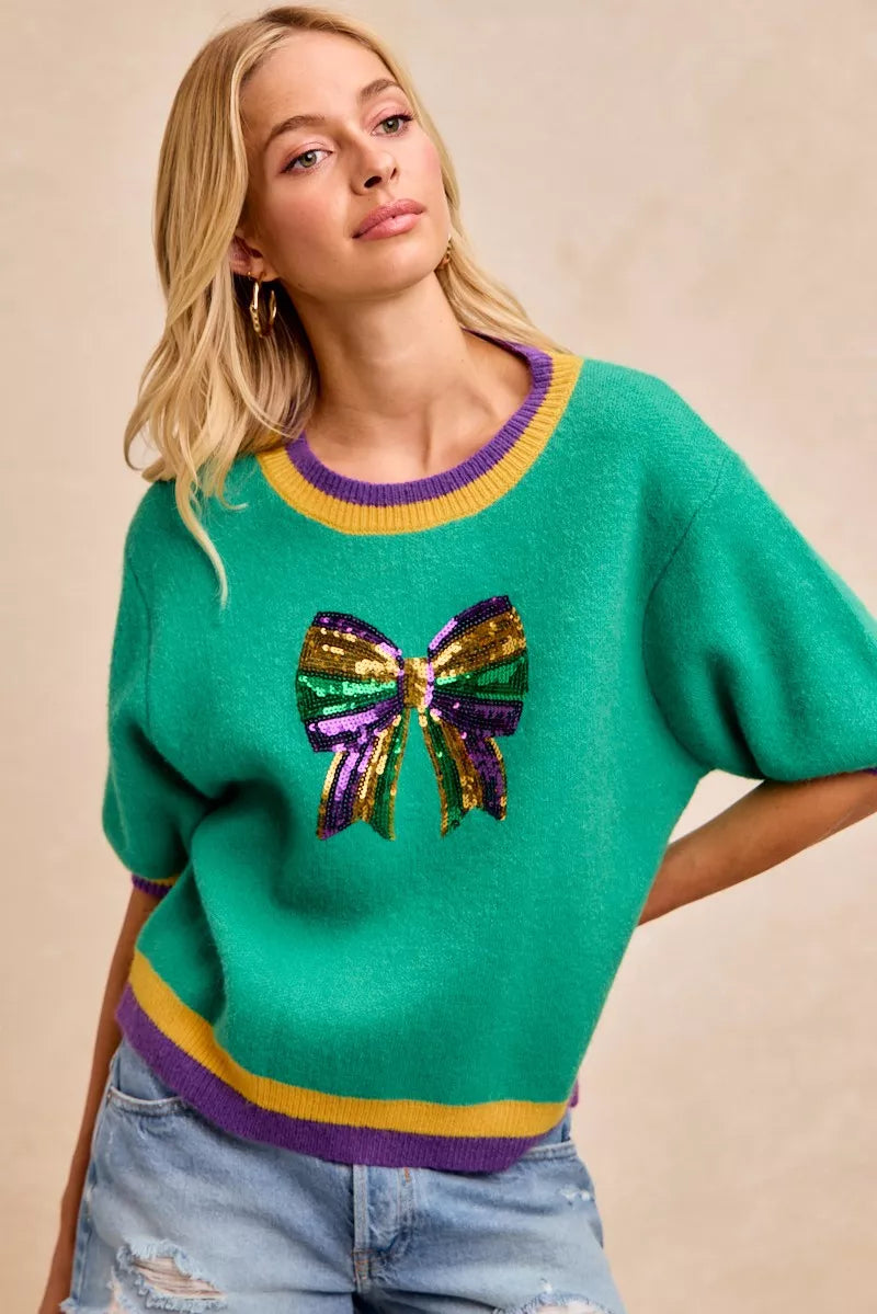 Mardi Gras Sequin Ribbon Patched Sweater