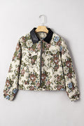 Khaki Floral Print Zip Up Contrast Collared Jacket
