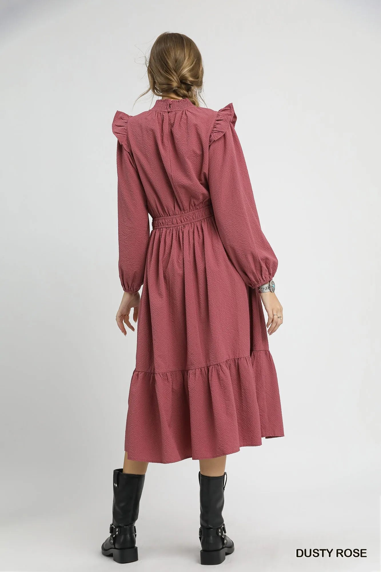 Textured Midi Dress with Ruffle Shoulder Detail