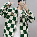 Retro Green Plaid Lapel Jacket - Loose Fit Printed Polyester Casual Coat