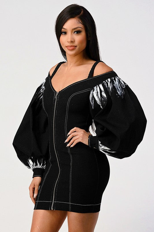 Denim black dye sleeve zip up dress See size chart under “more details”