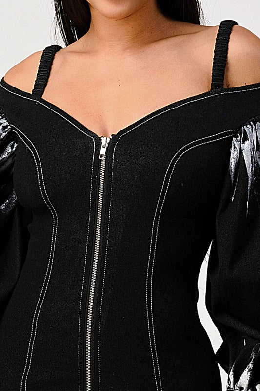 Denim black dye sleeve zip up dress See size chart under “more details”