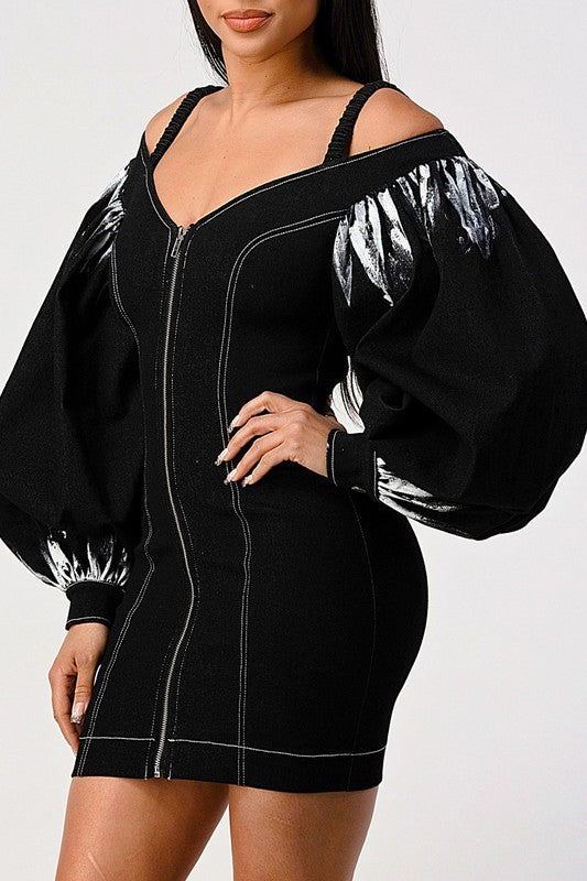 Denim black dye sleeve zip up dress See size chart under “more details”