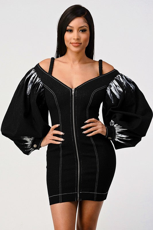 Denim black dye sleeve zip up dress See size chart under “more details”