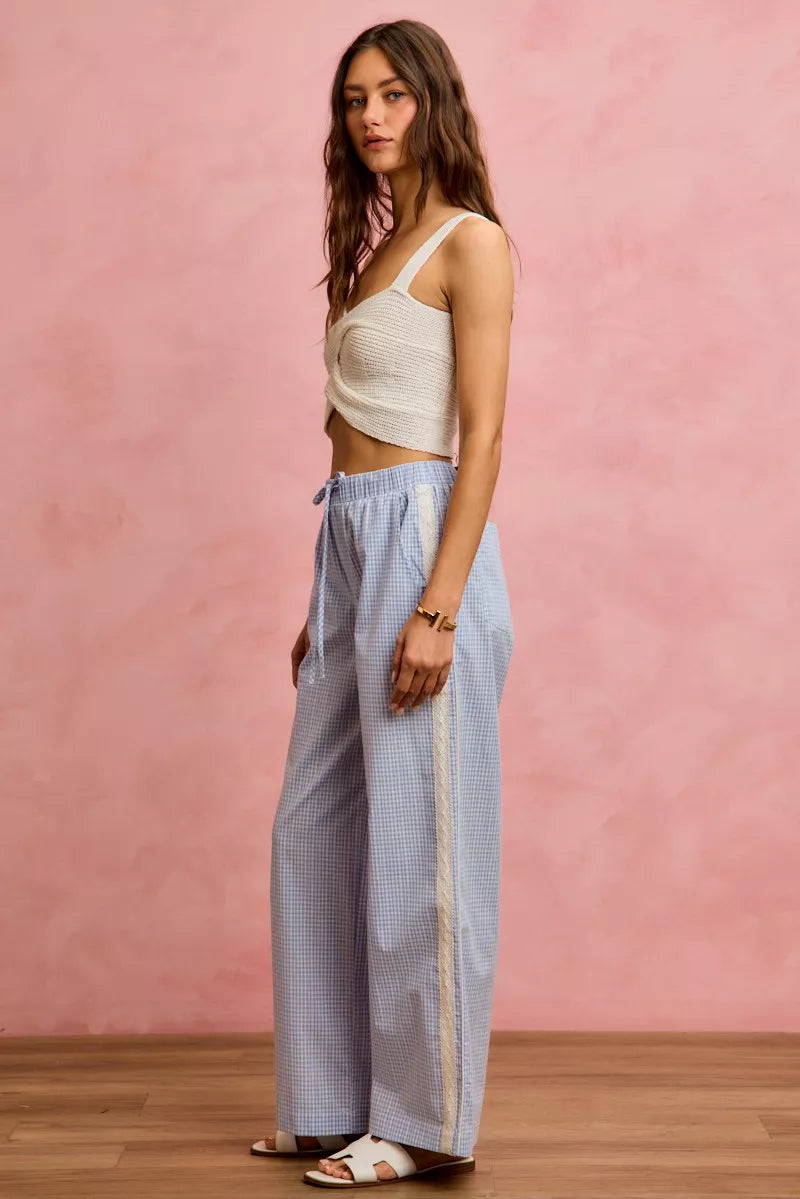 Wide Check Pants With Side Lace Trim And Piping