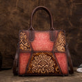Vintage Tree Embossed Leather Handbag - First Layer Cowhide Retro Women's Purse with Floral Hand-Painting (25x23x11cm)