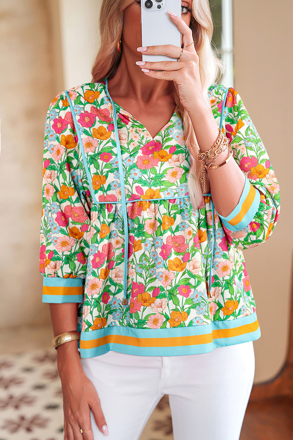 Green Floral Print Striped Trim Tie Neck Puff Sleeve Babydoll Blouse