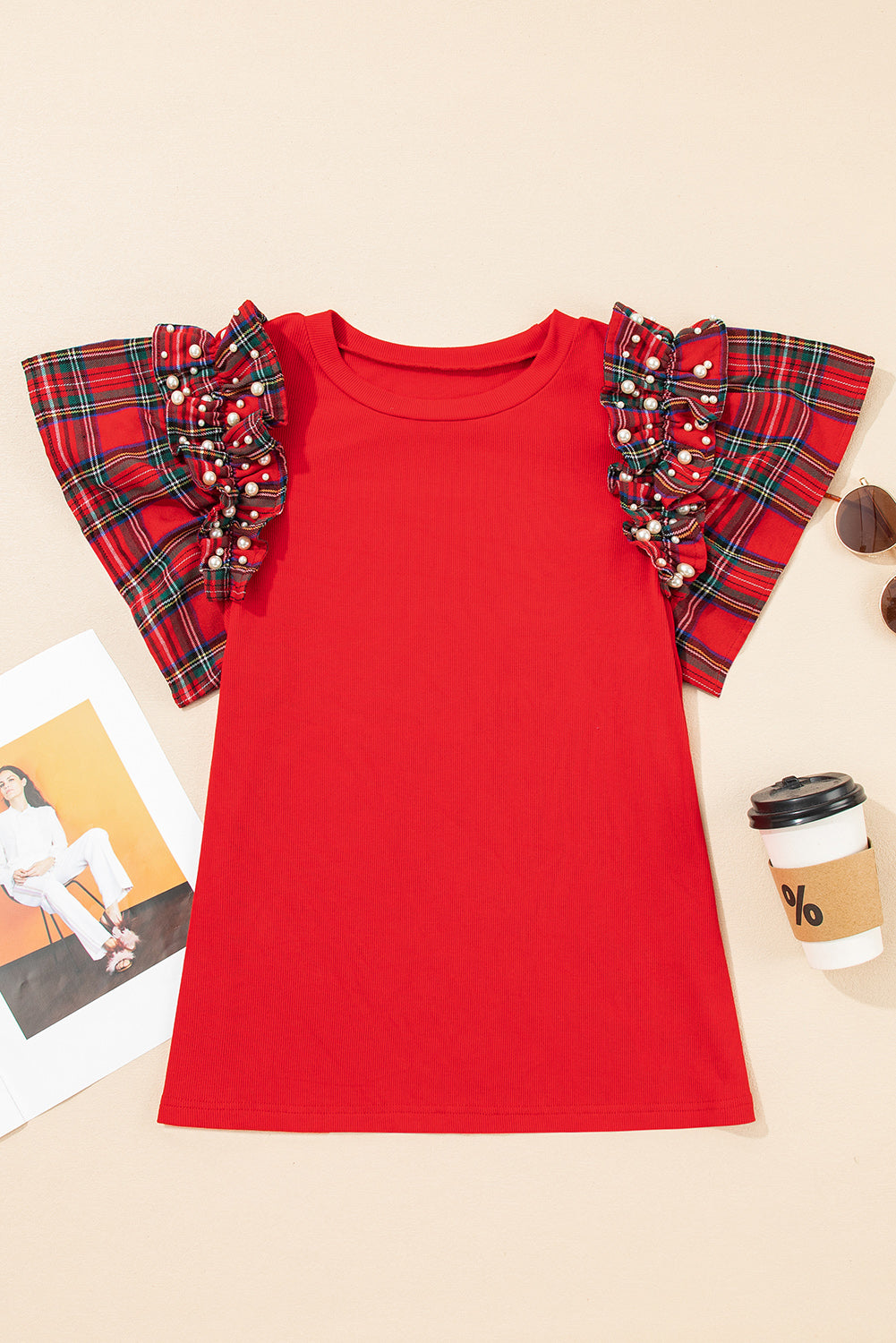 Racing Red Plaid Pearl Ruffle Short Sleeve Loose T Shirt