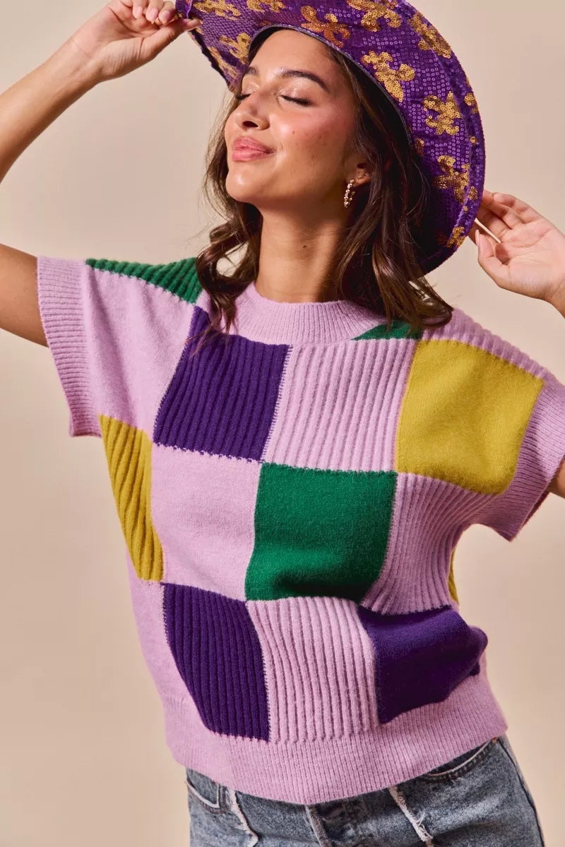 Mardi Gras Check Plaid Casual Sweater Top