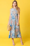 Sleeveless Print Ruffled Hem Tea-Length Dress See size chart under “more details”