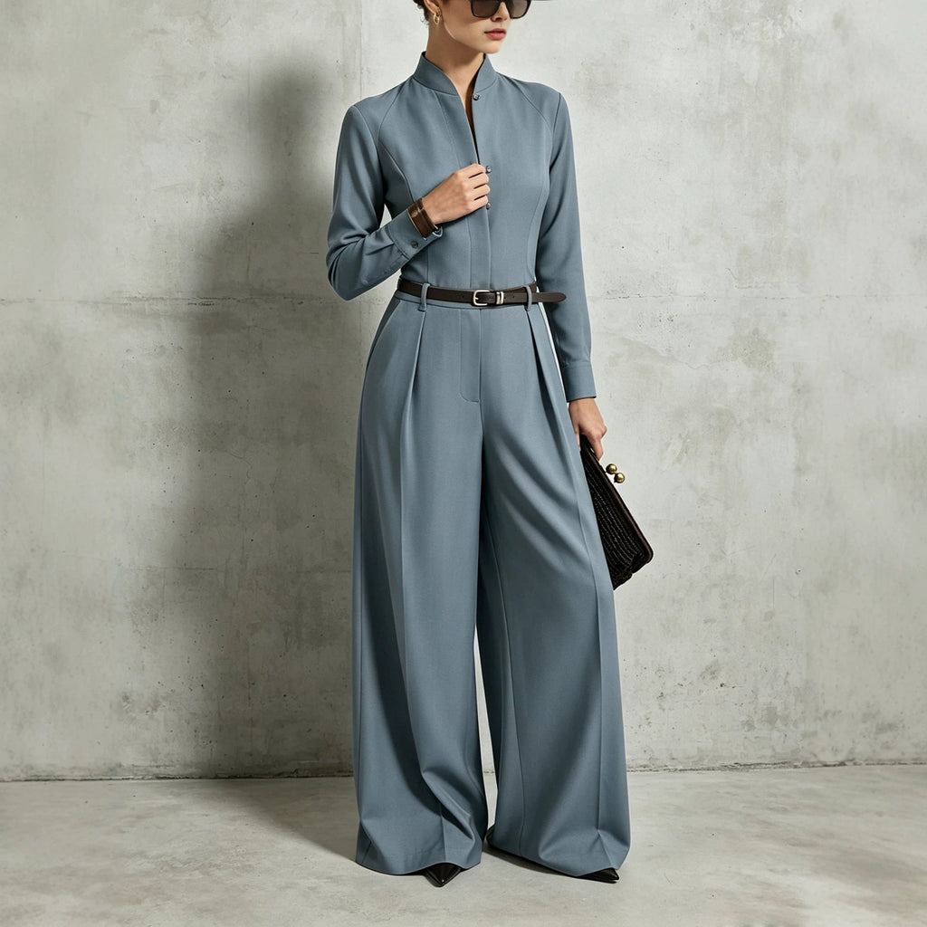 Women's Stand-Collar Long-Sleeve Wide-Leg Jumpsuit