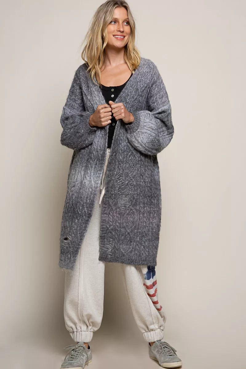 Distressed Cable-Knit Ombre Dying Cardigan