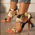 Printed Lace Up Shoes Wholesales Personality Strap Printing High Heel Sandals Women's Shoes Orange