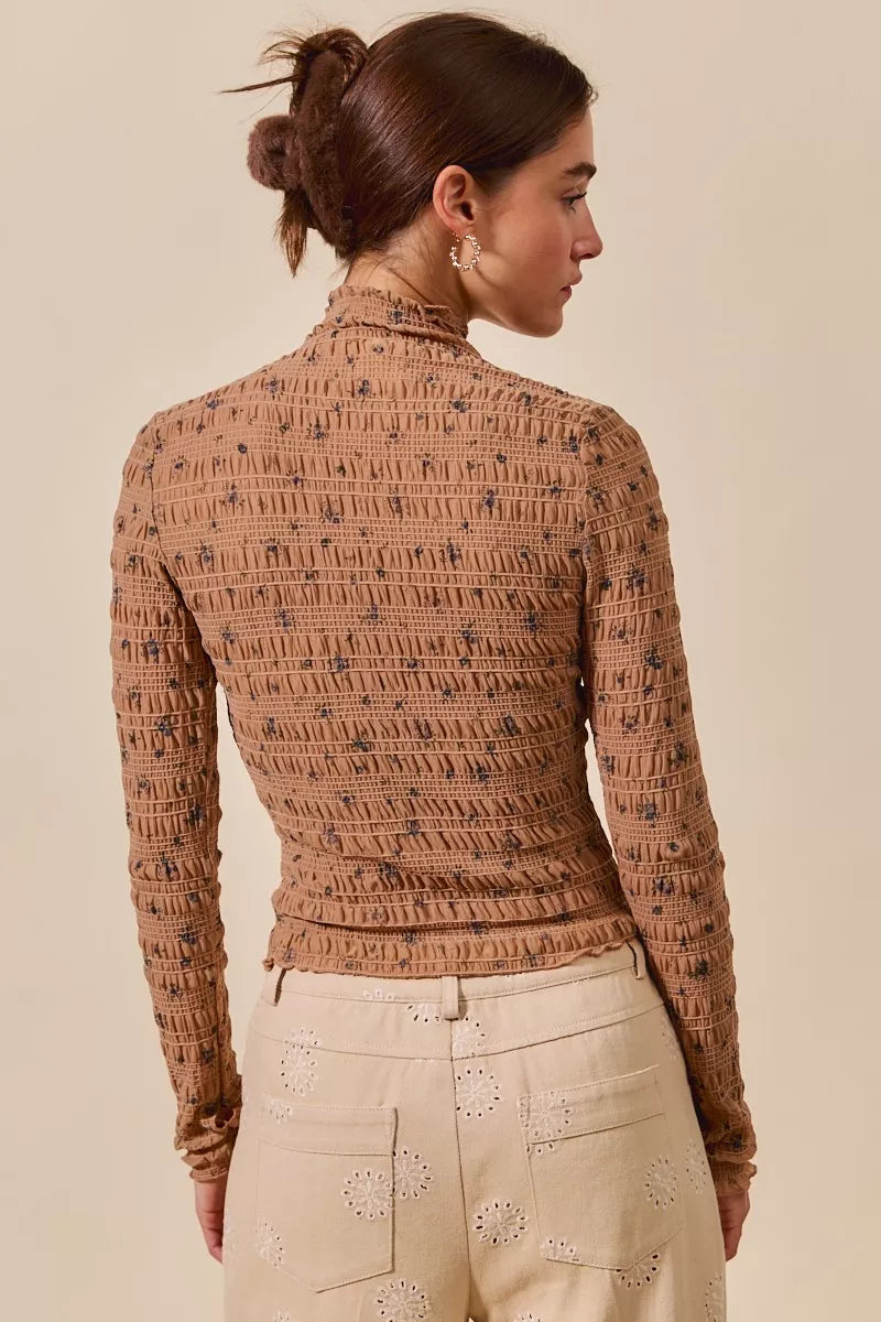 Floral Print Textured Long Sleeve Knit Top