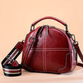 Classic Leather Handbag for Women - Round Two-Layer Cowhide Purse with Double Soft Handles (Wine Red/Black/Brown, 21x18.5x9cm)