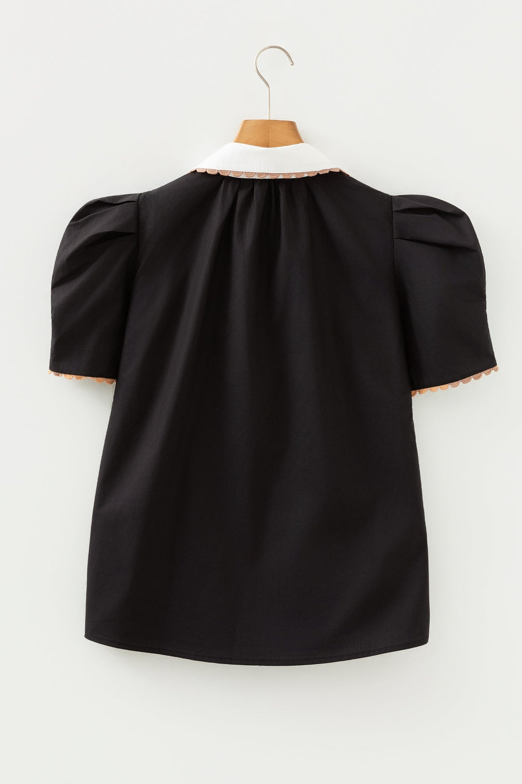 Black Ricrac Trim Color Block Patchwork Shirt Collar Short Sleeve Blouse
