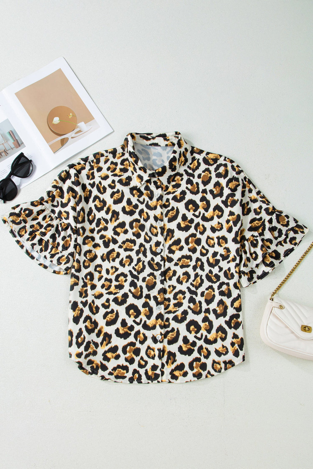 Khaki Leopard Print Ruffle Trim 3/4 Sleeve Loose Shirt