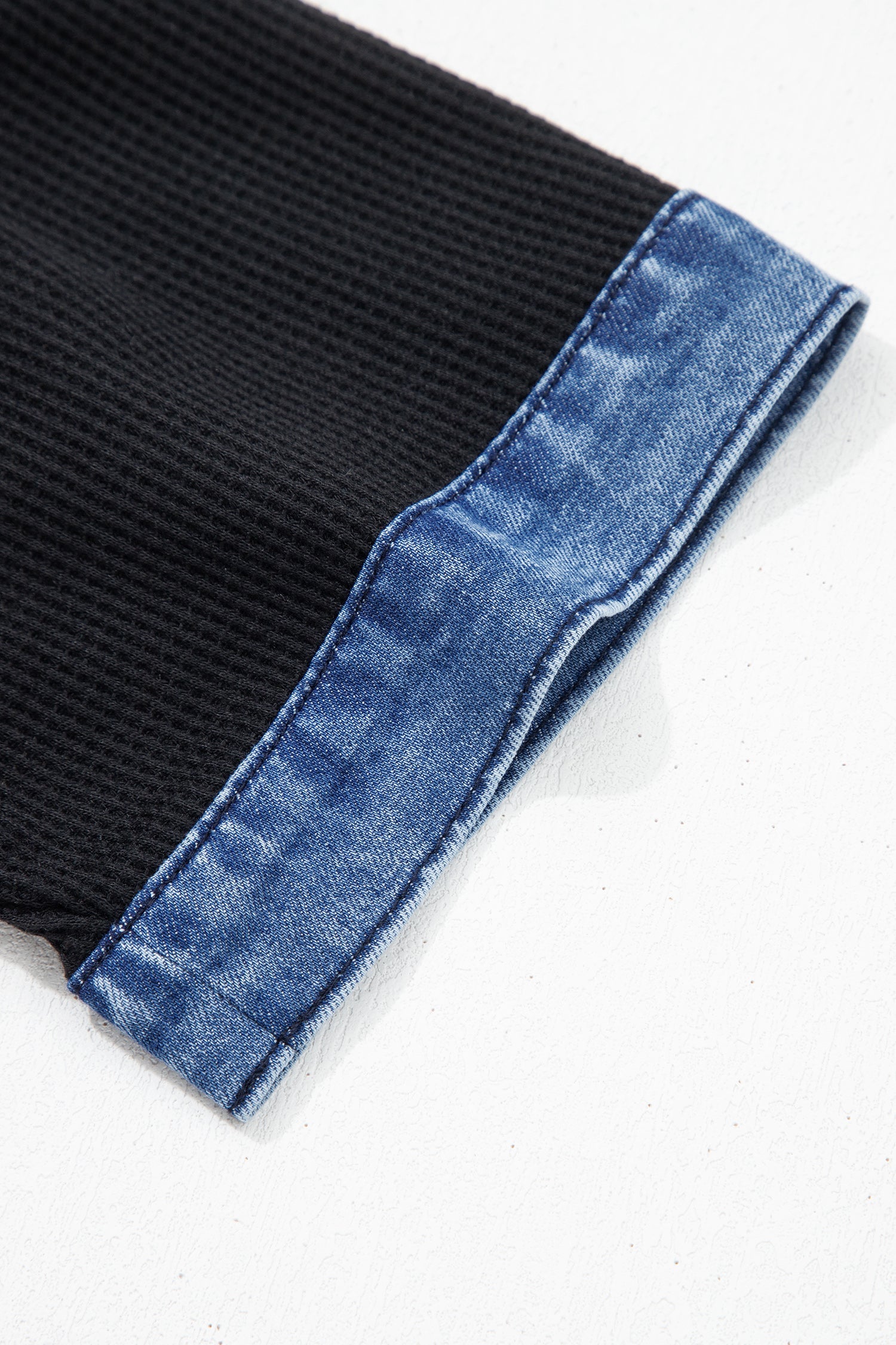 Black Waffle Knit Denim Contrast Trim Patchwork Button Collar Top