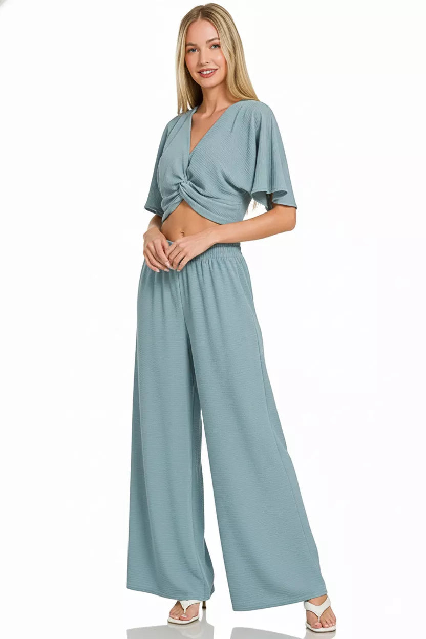 Woven Airflow Twisted Top & Wide Leg Pants Set