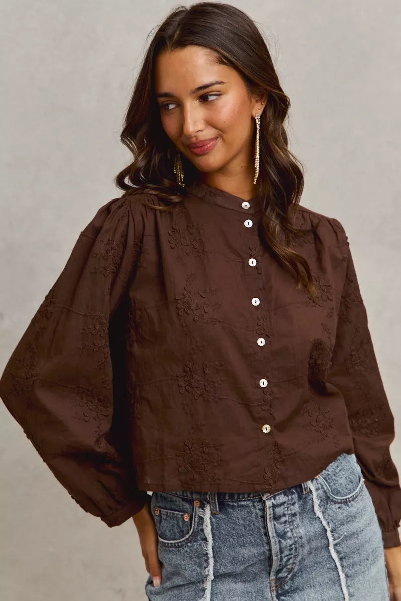 3d Floral Woven Long Sleeve Front Button Shirt