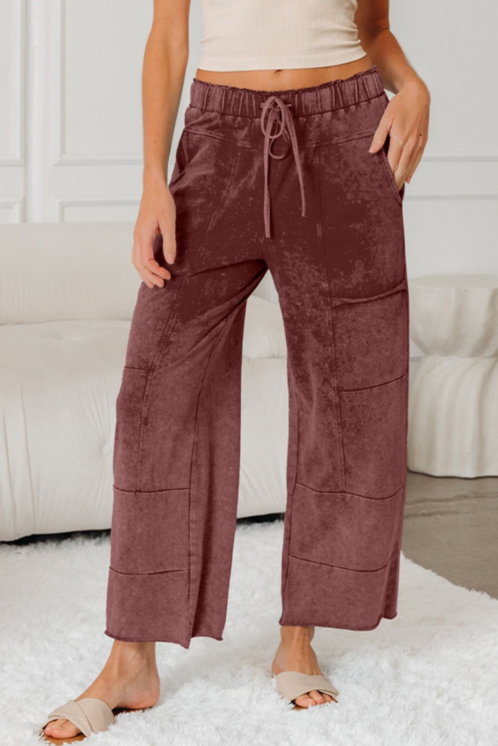 Wild Ginger Mineral Wash Lace-up High Waist Raw Hem Patched Pocket Pants