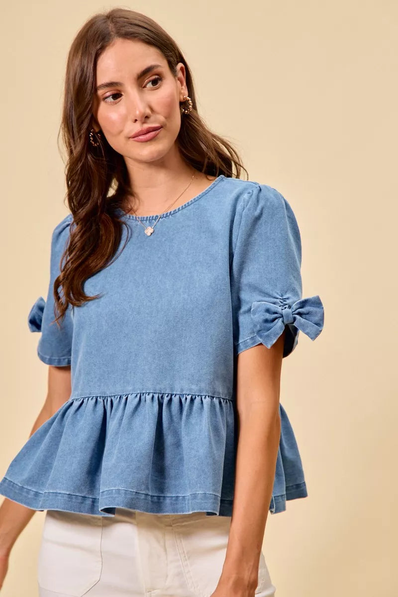 Denim Bow Detail Short Sleeves Peplum Top