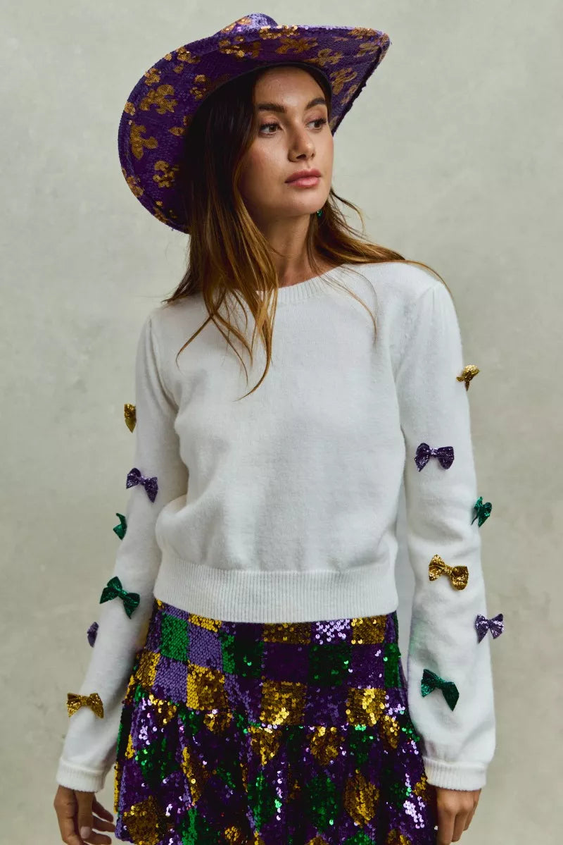 Mardi Gras Glitter Bow Ribbon Sweater Knit Top